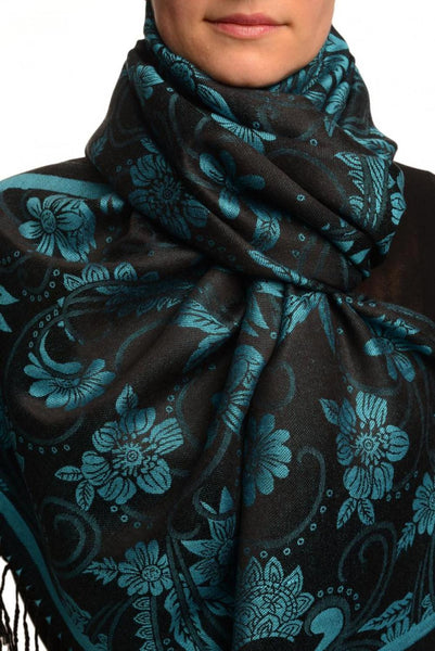 True Blue Garden Flowers On Black Pashmina With Tassels