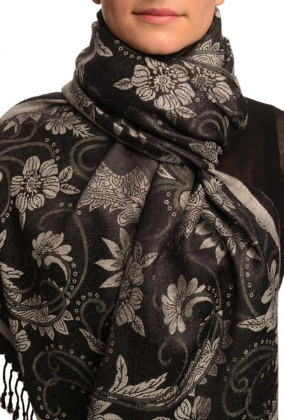 Silver Grey Garden Flowers On Black Pashmina With Tassels