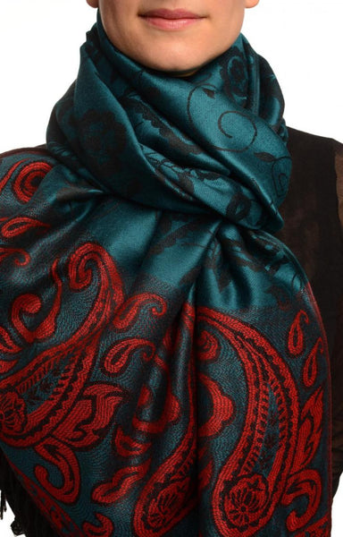 Small Flowers & Paisleys On Cerulean Blue Pashmina With Tassels