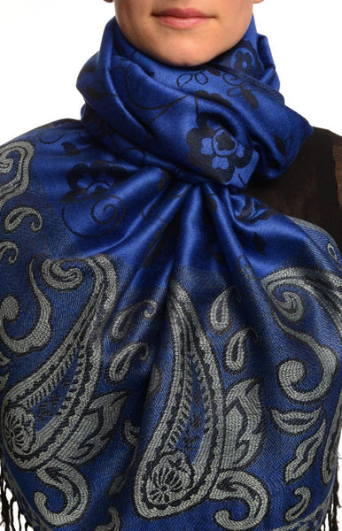 Small Flowers & Paisleys On Persian Blue Pashmina With Tassels