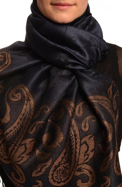 Small Flowers & Paisleys On Navy Blue Pashmina With Tassels