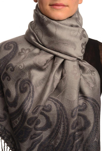 Small Flowers & Paisleys On Slate Grey Pashmina With Tassels