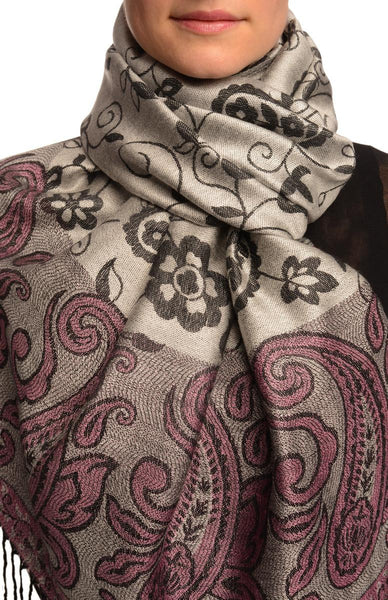 Small Flowers & Paisleys On Silver Grey Pashmina With Tassels