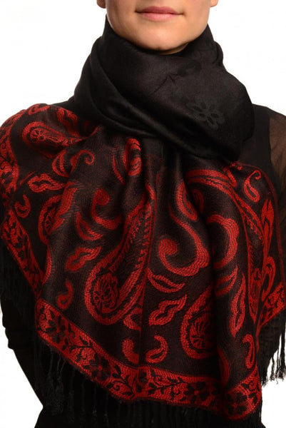 Small Flowers & Paisleys On Black Pashmina With Tassels
