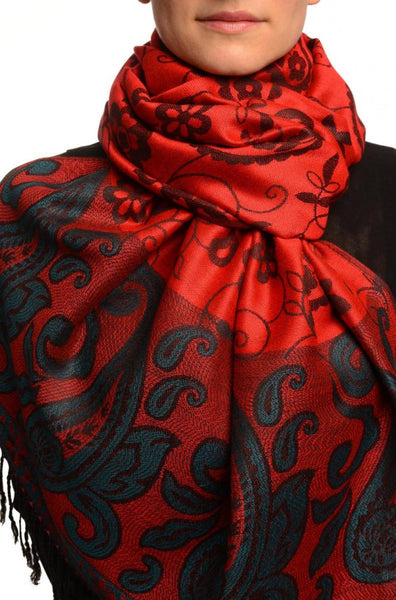 Small Flowers & Paisleys On Red Pashmina With Tassels