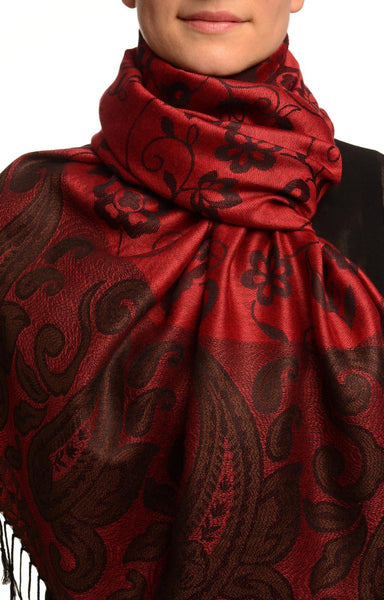 Small Flowers & Paisleys On Burgundy Red Pashmina With Tassels