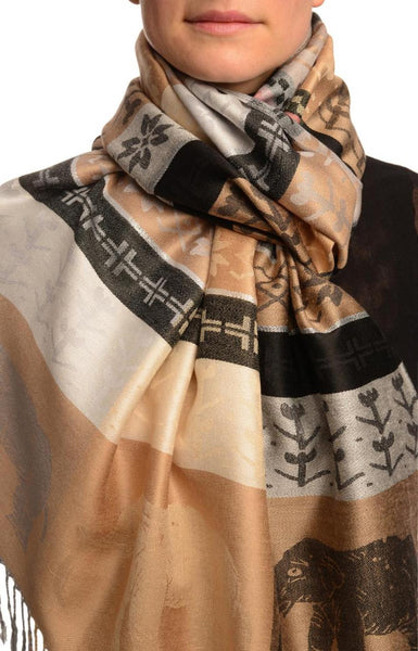 Silver Lurex & Elephants On Beige Pashmina With Tassels