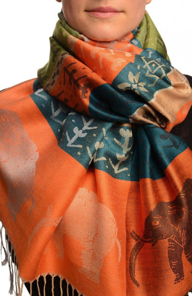 Silver Lurex & Elephants On Orange Pashmina With Tassels