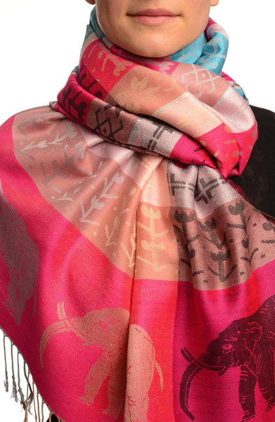 Silver Lurex & Elephants On Magenta Pink Pashmina With Tassels