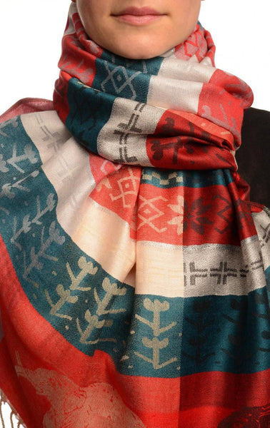 Silver Lurex & Elephants On Red Pashmina With Tassels