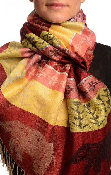 Silver Lurex & Elephants On Burgundy Red Pashmina With Tassels