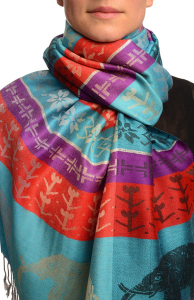 Silver Lurex & Elephants On Blue Pashmina With Tassels