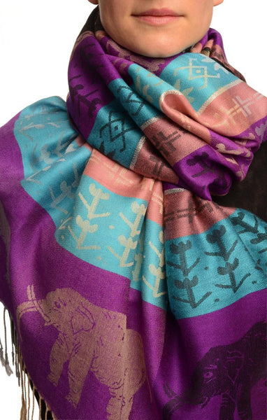 Silver Lurex & Elephants On Bright Purple Pashmina With Tassels