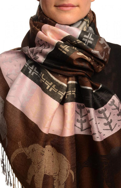 Silver Lurex & Elephants On Brown Pashmina With Tassels