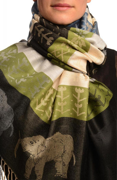 Silver Lurex & Elephants On Black Pashmina With Tassels