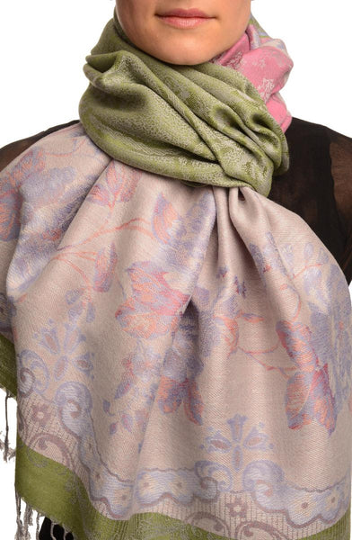 Vintage Roses On Olive Green Pashmina With Tassels