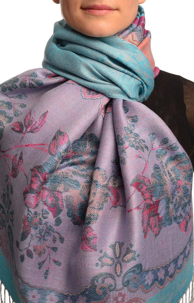 Vintage Roses On Blue Pashmina With Tassels