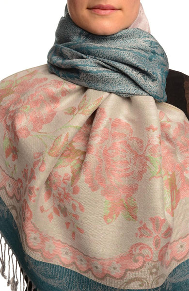 Vintage Roses On Cerulean Blue Pashmina With Tassels