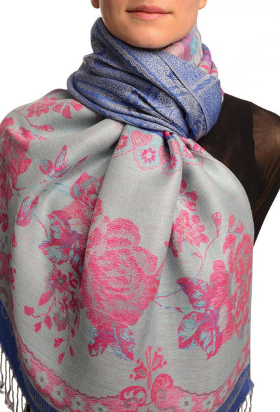 Vintage Roses On Persian Blue Pashmina With Tassels