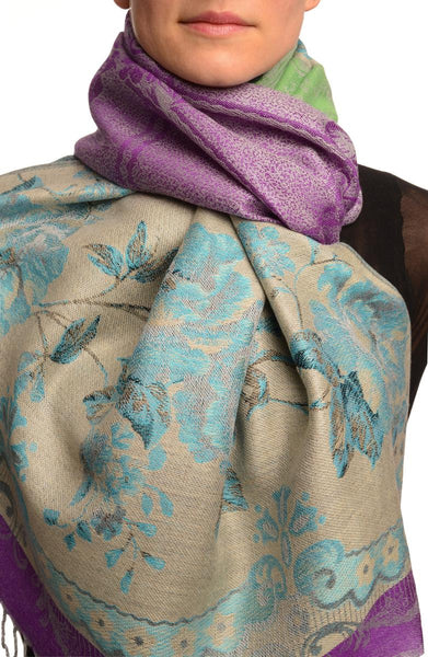 Vintage Roses On Bright Purple Pashmina With Tassels