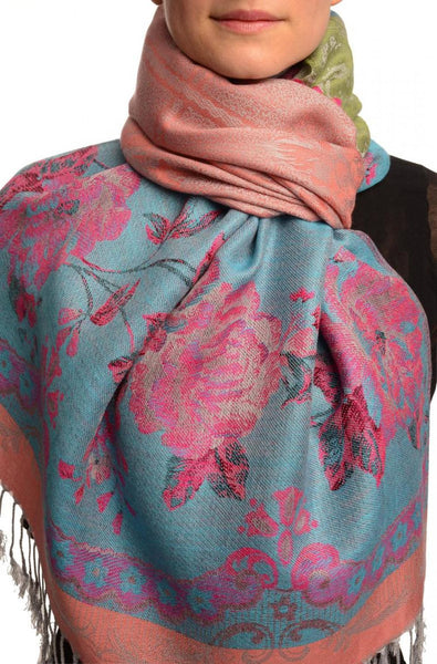 Vintage Roses On Chestnut Pink Pashmina With Tassels