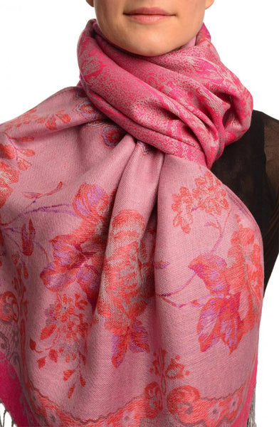 Vintage Roses On Magenta Pink Pashmina With Tassels