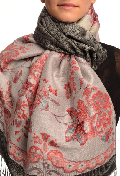 Vintage Roses On Black Pashmina With Tassels