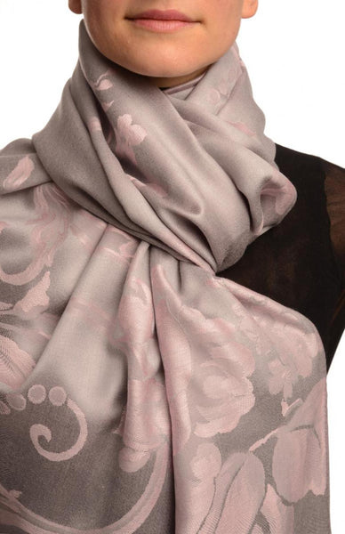 Large Tea Rose Pink Roses On Light Grey Pashmina With Tassels