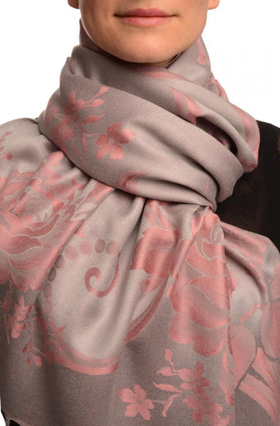 Large Chestnut Pink Roses On Light Grey Pashmina With Tassels