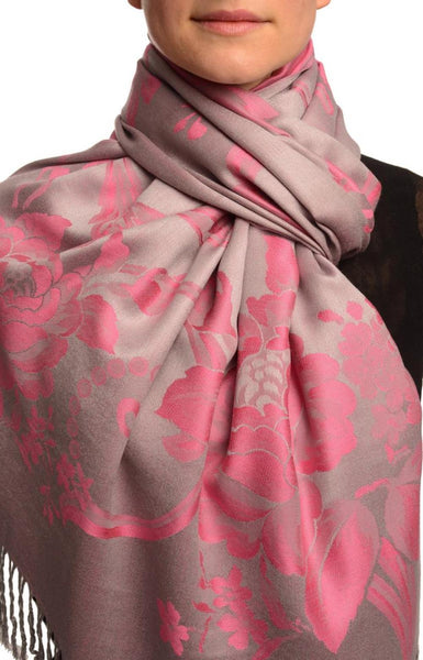 Large Cerise Pink Roses On Light Grey Pashmina With Tassels