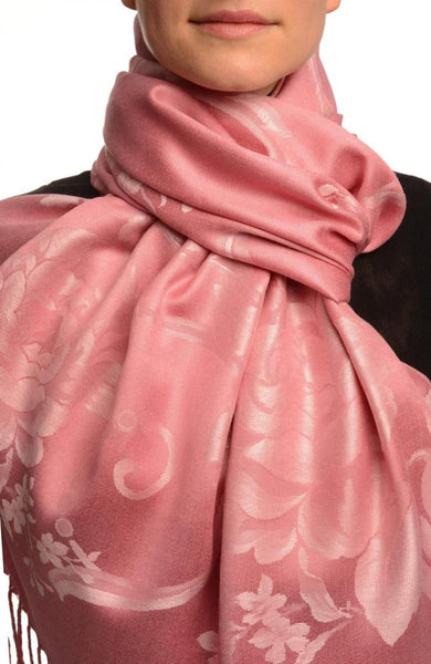 Large Tea Pink Roses On Salmon Pink Pashmina With Tassels