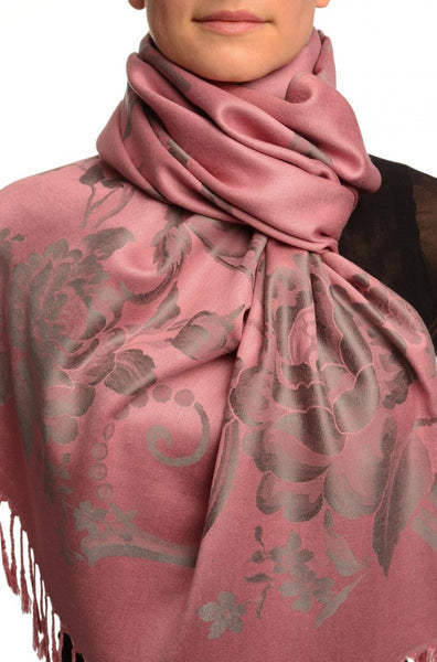 Large Slate Grey Roses On Puce Pink Pashmina With Tassels