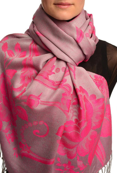 Large Magenta Pink Roses On Grey Pashmina With Tassels