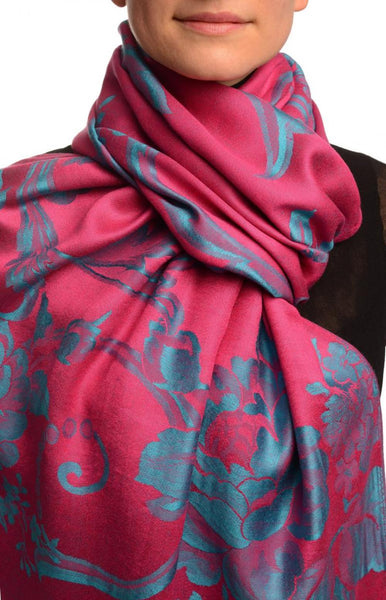 Large Teal Blue Roses Magenta Pink Pashmina With Tassels