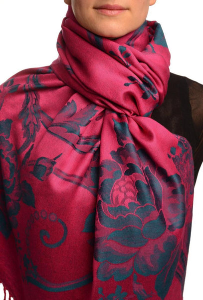 Large Prussian Blue Roses Bright Pink Pashmina With Tassels