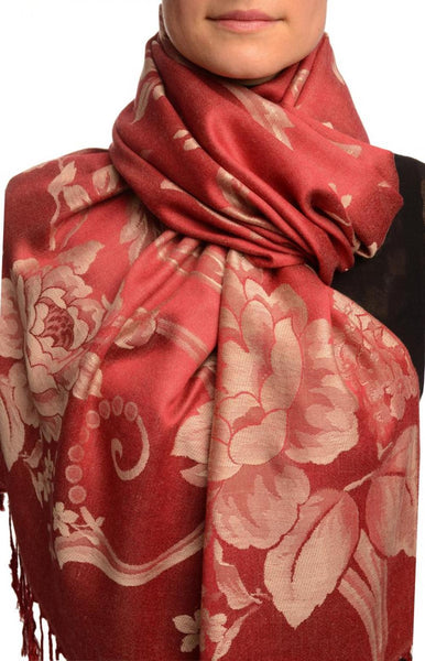 Large Beige Roses On Red Pashmina With Tassels