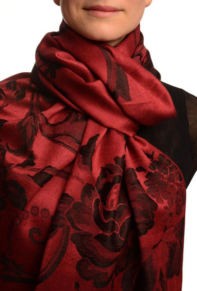 Large Black Roses On Burgundy Red Pashmina With Tassels