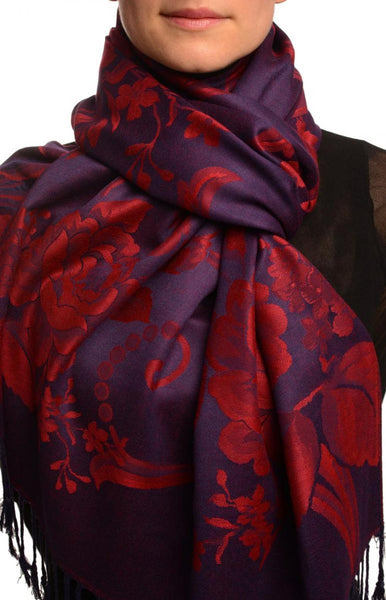 Large Burgundy Red Roses On Navy Blue Pashmina With Tassels