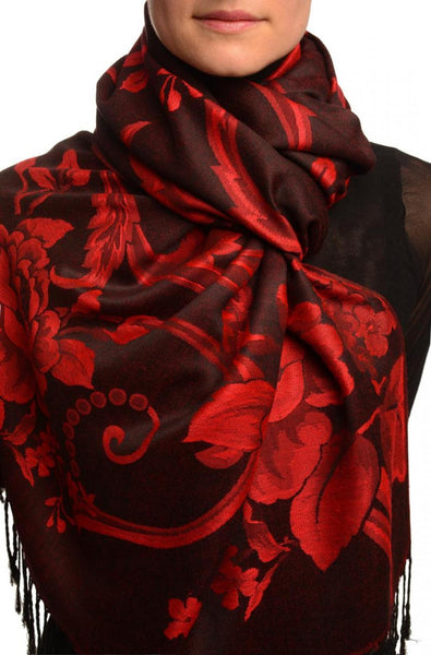 Large Burgundy Red Roses On Black Pashmina With Tassels