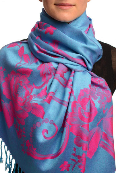 Large Magenta Pink Roses On Blue Pashmina With Tassels