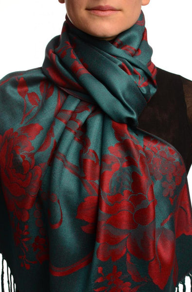 Large Burgundy Red Roses On Teal Blue Pashmina With Tassels