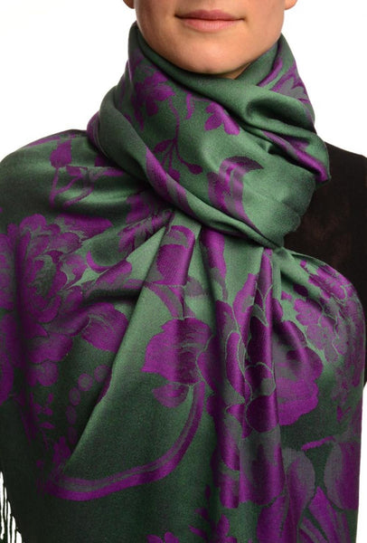 Large Purple Roses On Green Pashmina With Tassels