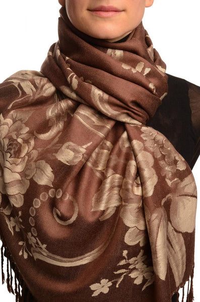 Large Beige Roses On Brown Pashmina With Tassels