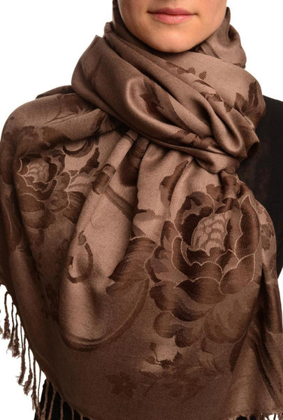 Large Dark Brown Roses On Brown Pashmina With Tassels