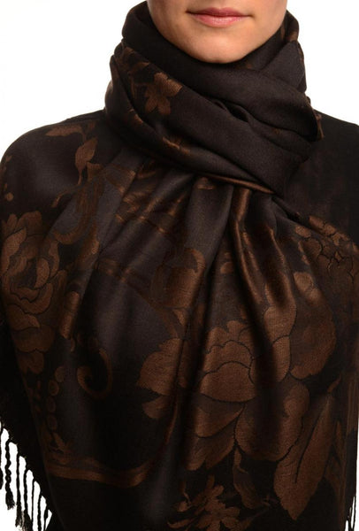 Large Dark Brown Roses On Dark Brown Pashmina With Tassels