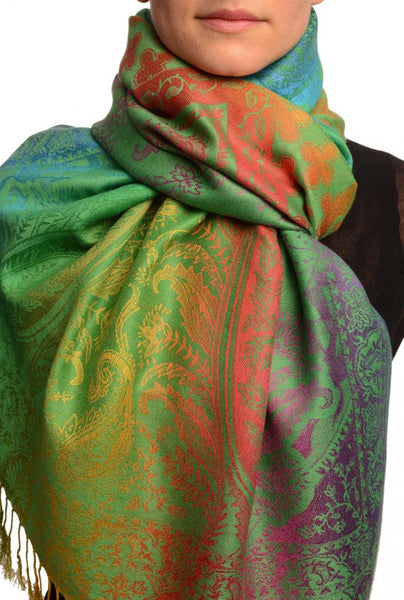 Large Ombre Paisley & Diamond On Green Pashmina With Tassels