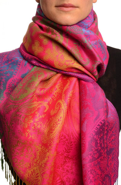 Large Ombre Paisley & Diamond On Magenta Pashmina With Tassels