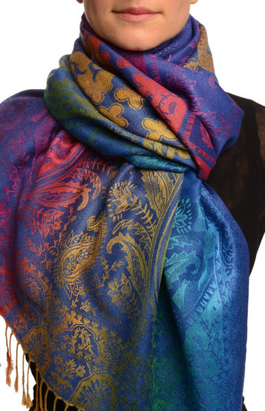 Large Ombre Paisley & Diamond On Persian Blue Pashmina With Tassels