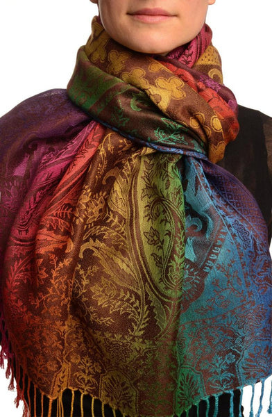 Large Ombre Paisley & Diamond On Brown Pashmina With Tassels