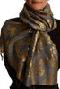 Gold Lotus Flower Print On Grey Pashmina With Tassels